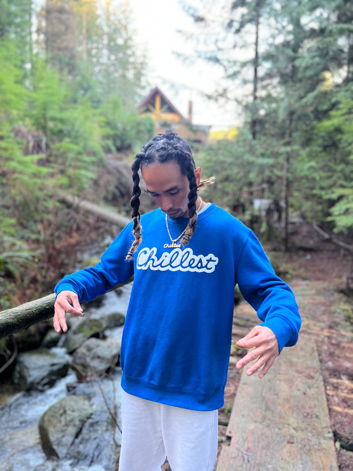White Puff on Blue Crewneck