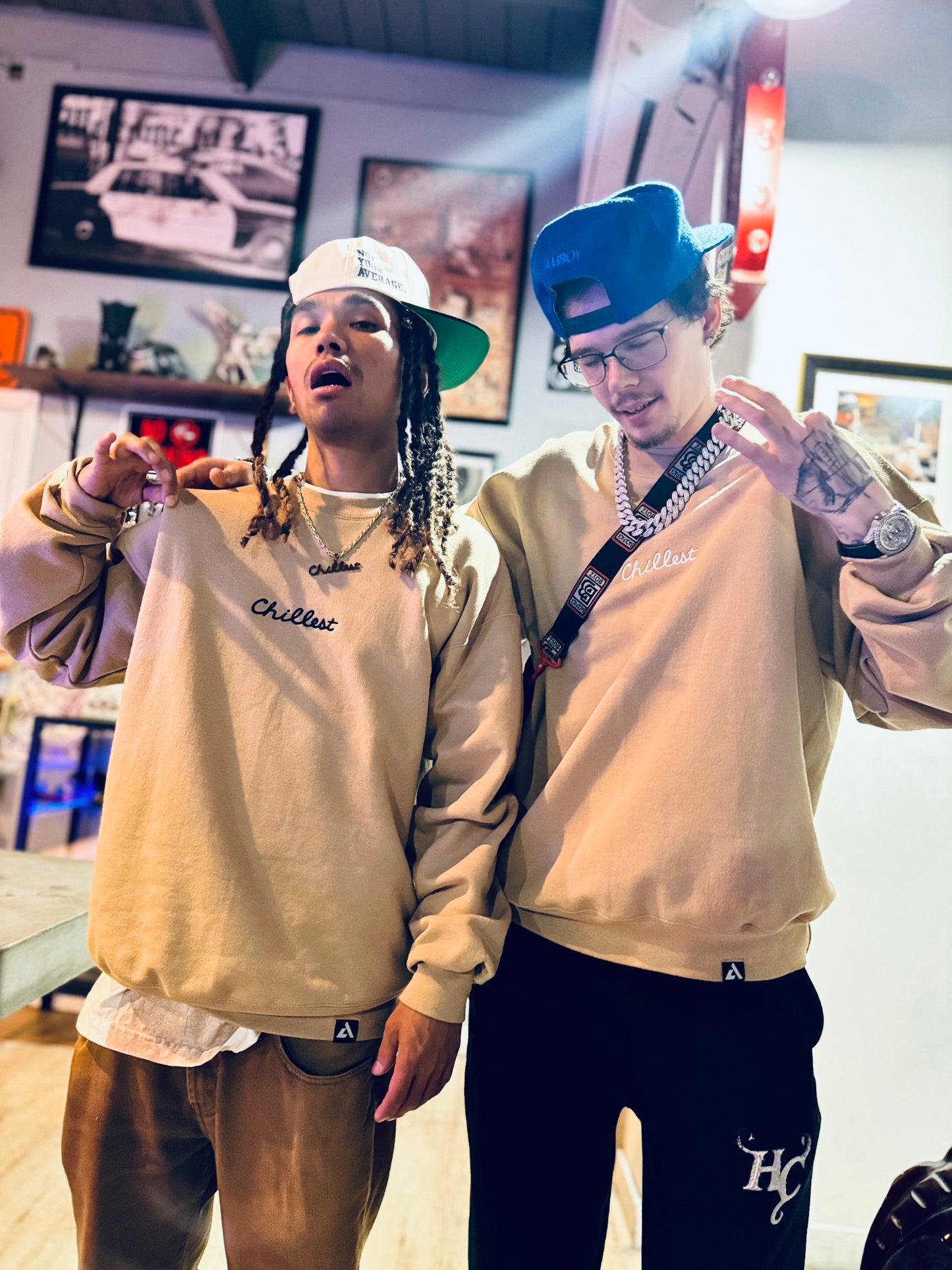 Chillest Embroidered Crew - White/Black on Pebble