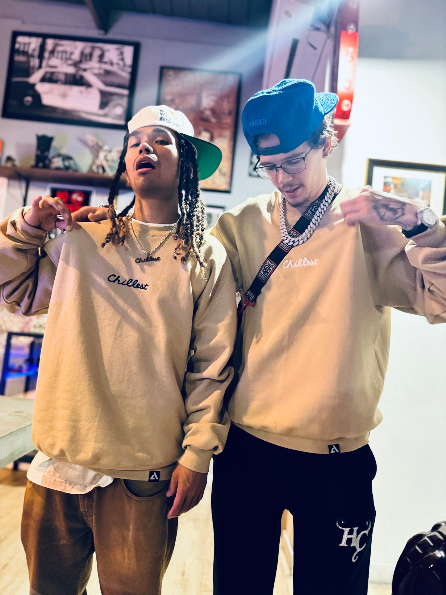 Chillest Embroidered Crew - White/Black on Pebble