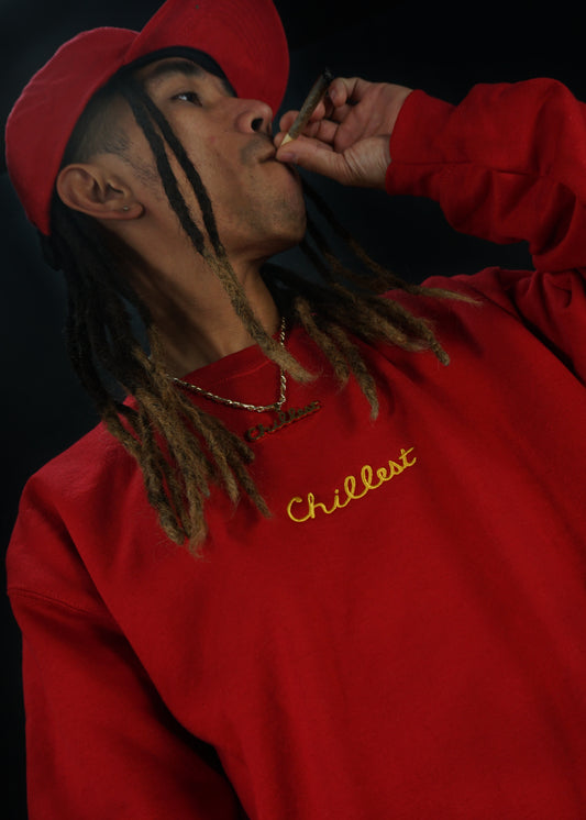 Chillest Embroidered Crewneck - Gold on Red
