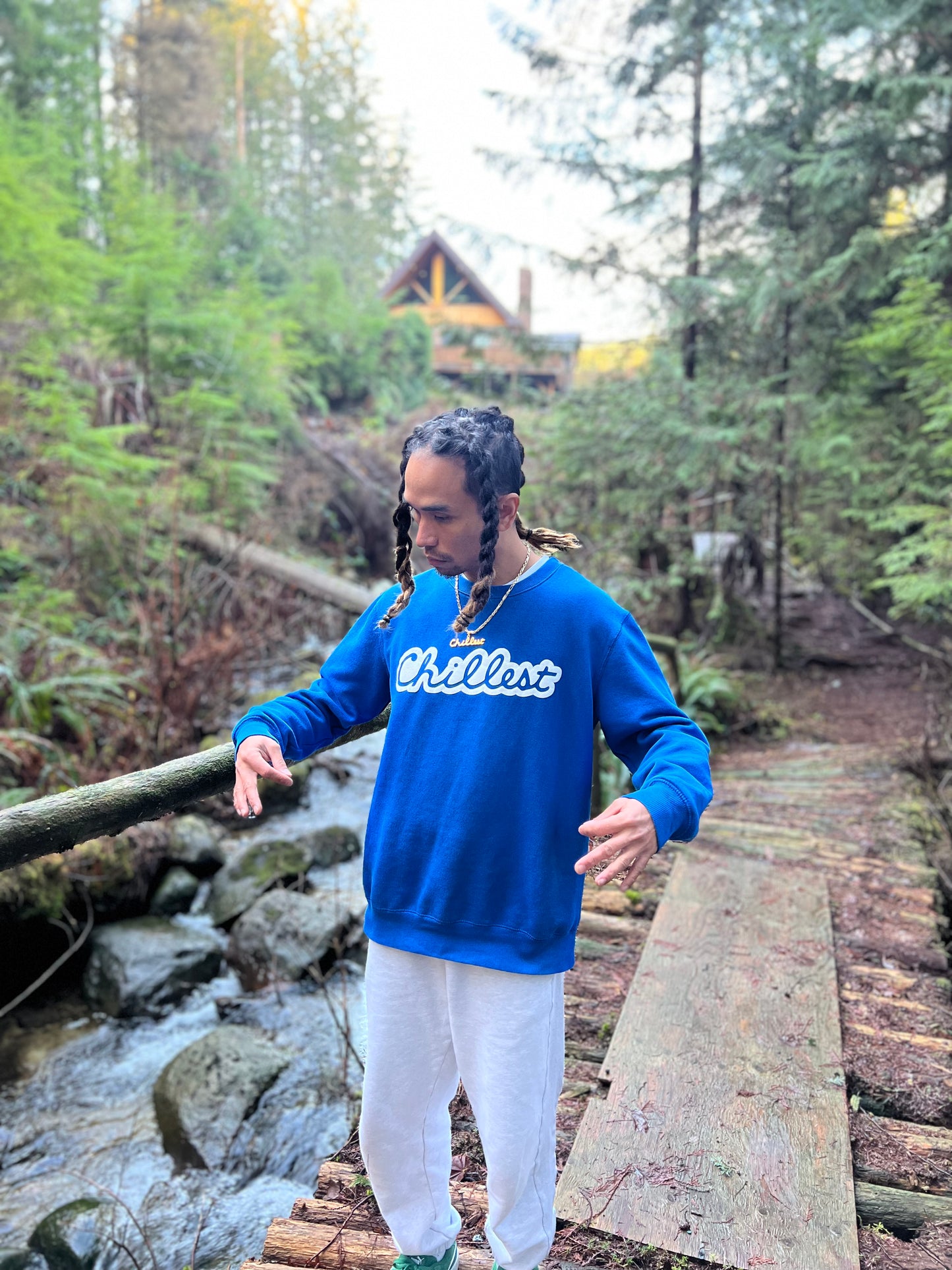 White Puff on Blue Crewneck