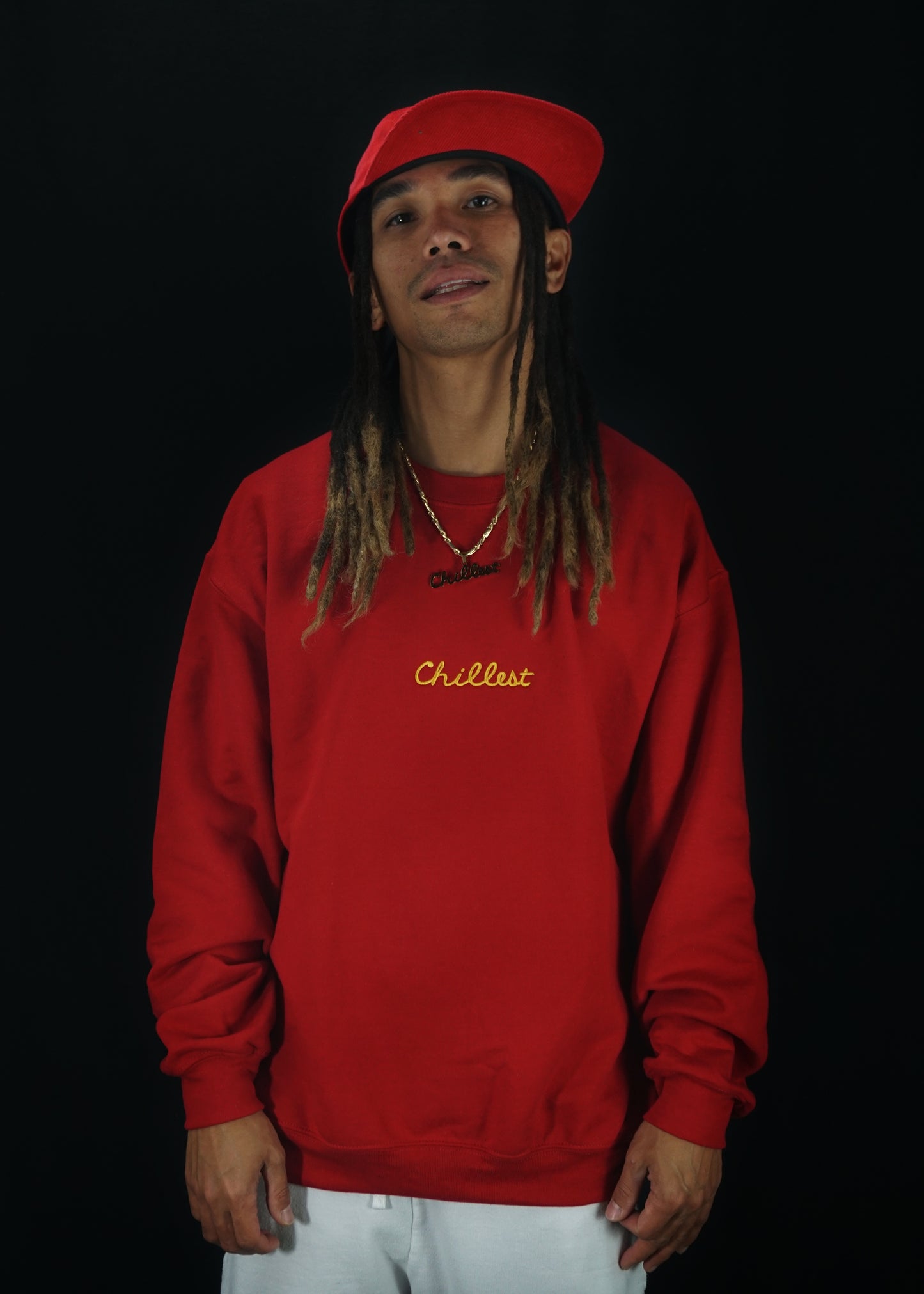 Chillest Embroidered Crewneck - Gold on Red